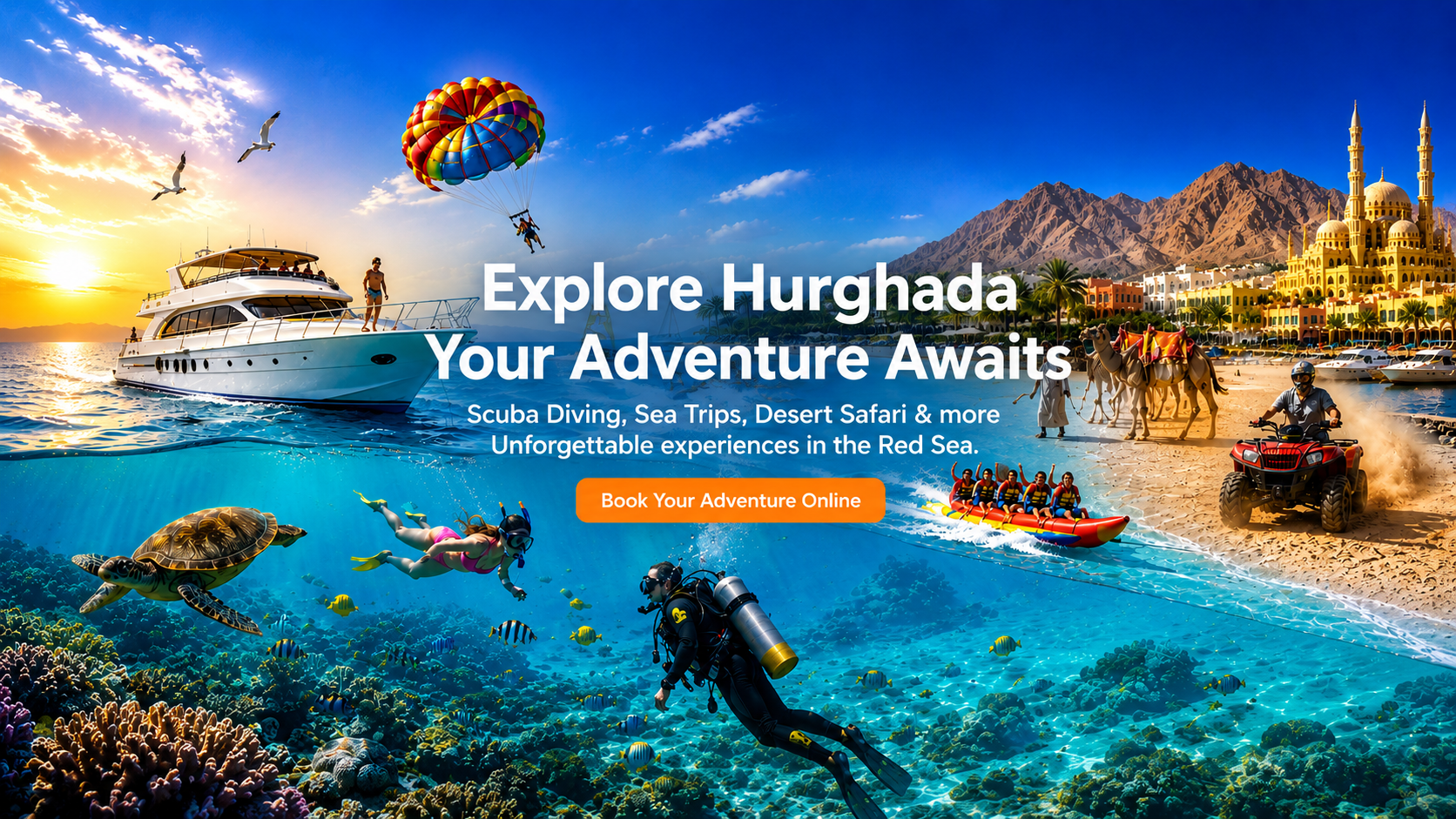 Hurghada tours and excursions hero banner featuring scuba diving, sea trips, desert safari, parasailing, and Red Sea adventures